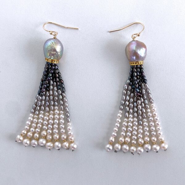 Graduated Pearl Ombre Tassel Earrings with Diamonds & Solid 14k Gold
