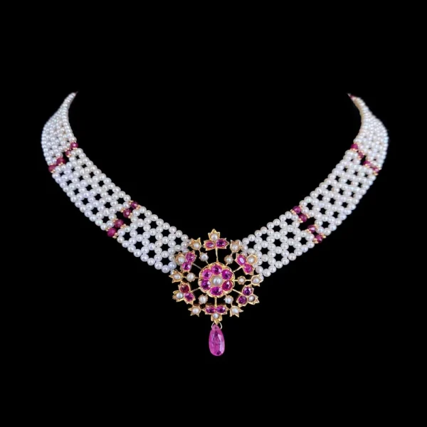 One of a Kind Pearl and Ruby Necklace with Antique 18k Gold Centerpiece