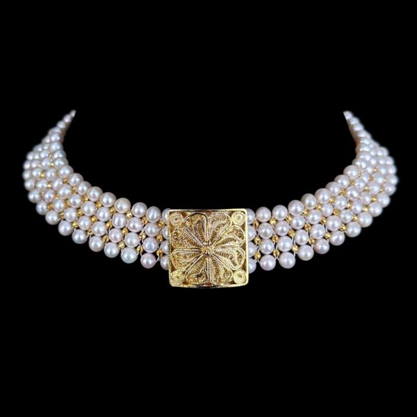 One Of A Kind Pearl & Gold Choker with Vintage Filigree Centerpiece
