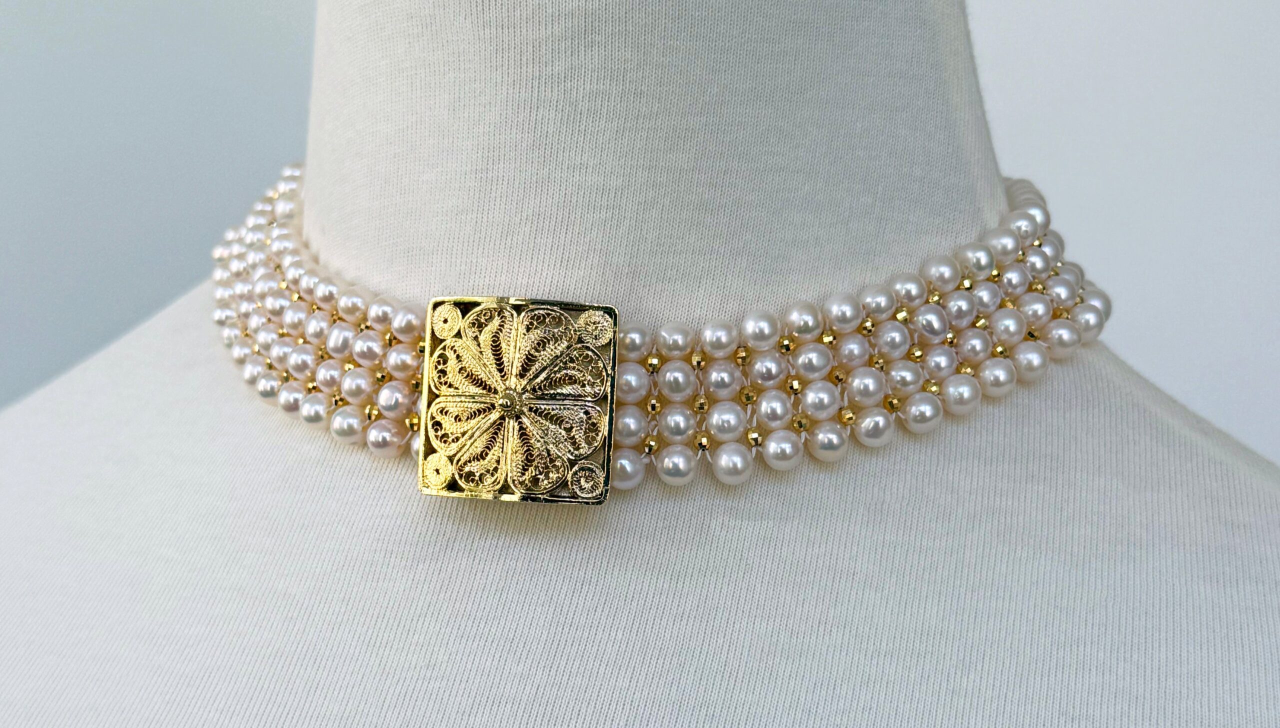 One Of A Kind Pearl & Gold Choker with Vintage Filigree Centerpiece - Image 5