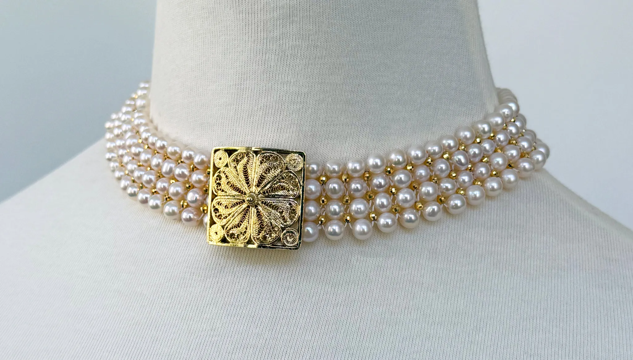 One Of A Kind Pearl & Gold Choker with Vintage Filigree Centerpiece - Image 6