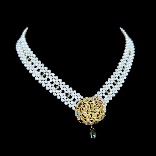 One Of A Kind Pearl Woven Necklace with Multi Stone Centerpiece