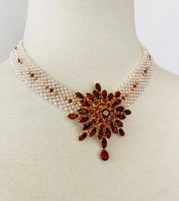One of a Kind Woven Pearl & Garnet Necklace with Vintage Garnet Brooch