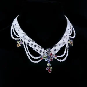 One of a Kind Woven Pearl Necklace and Multi Semi Precious Centerpiece