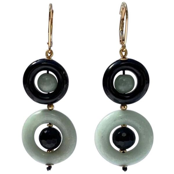 Jade, Black Onyx and Solid 14k Yellow Gold Lever Back Earrings