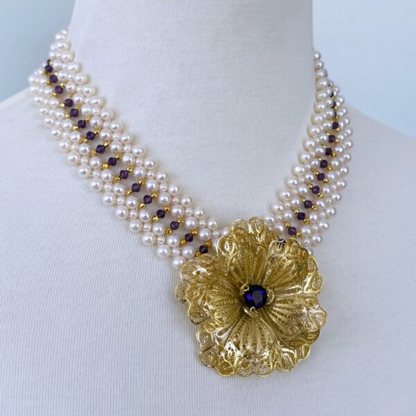 Pearl, Amethyst & 18k Plated Floral Necklace