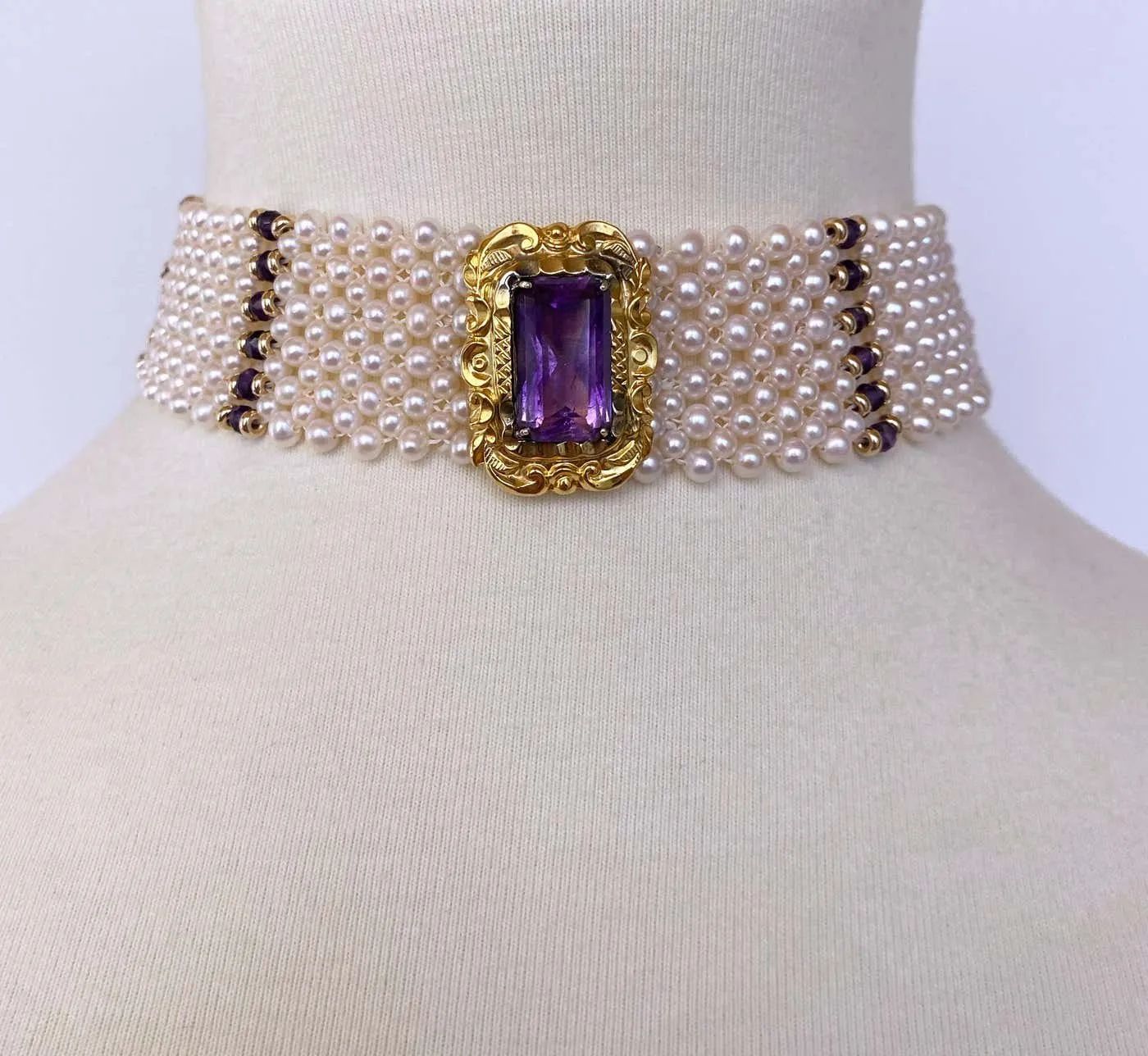 Pearl, Amethyst and Vintage Centerpiece Choker with 14k Yellow Gold - Image 2