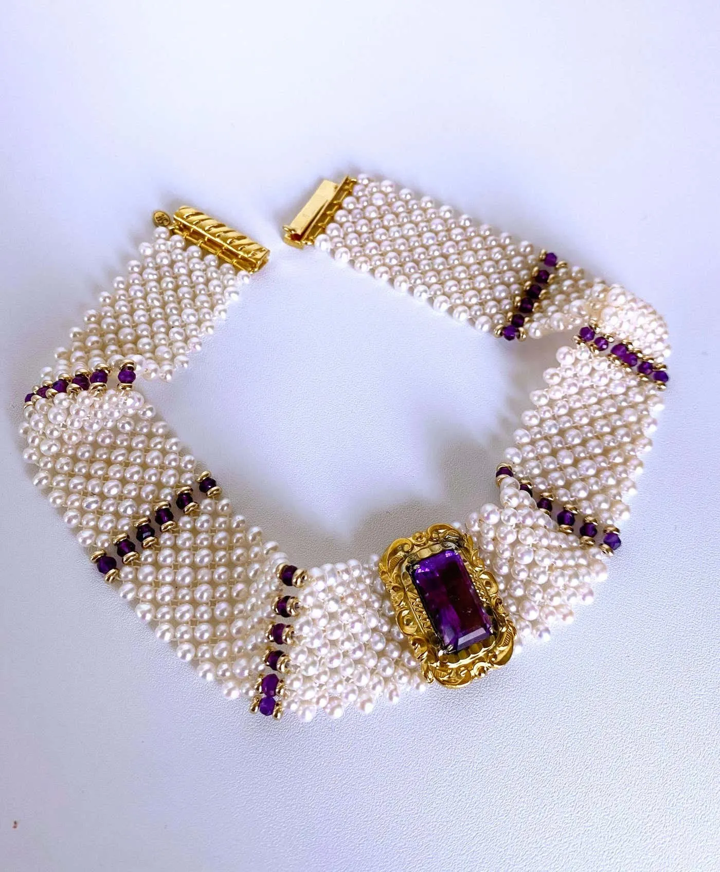Pearl, Amethyst and Vintage Centerpiece Choker with 14k Yellow Gold - Image 3