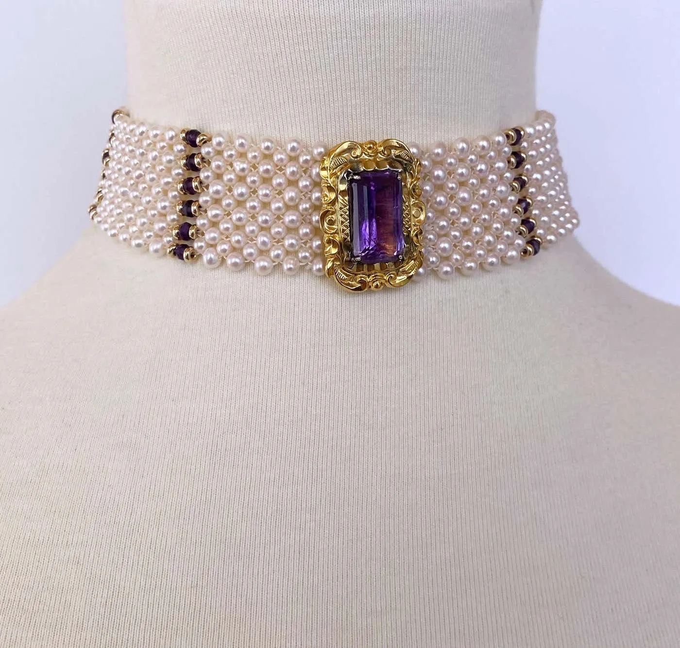 Pearl, Amethyst and Vintage Centerpiece Choker with 14k Yellow Gold - Image 11