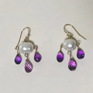 Pearl and Amethyst Drop Earrings with 14 K Yellow Gold