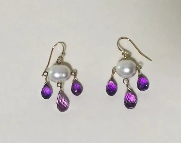 Pearl and Amethyst Drop Earrings with 14 K Yellow Gold