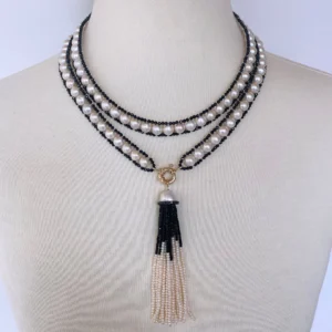 Pearl and Black Spinel Satuoir and Tassel with 14k Yellow Gold