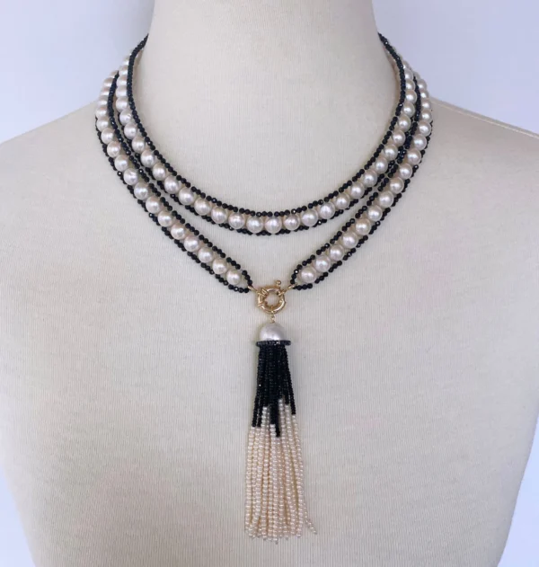 Pearl and Black Spinel Satuoir and Tassel with 14k Yellow Gold