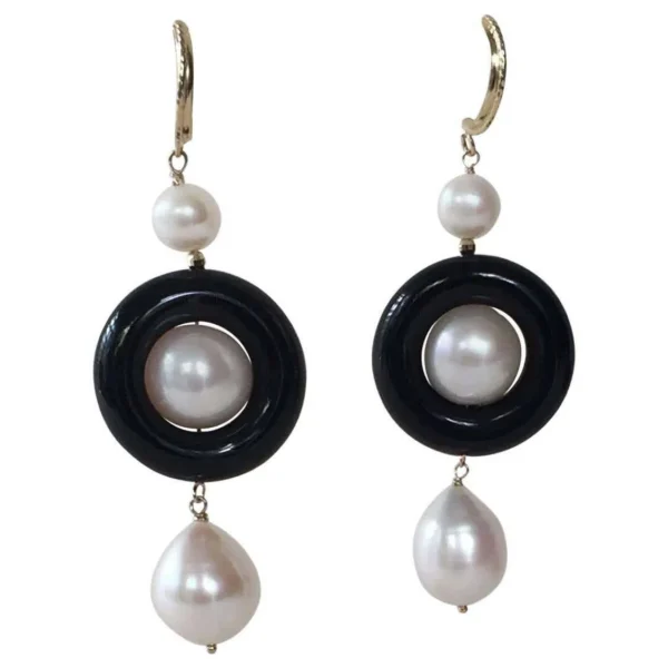 Pearl and Onyx Earrings with 14 Karat Yellow Gold Stud
