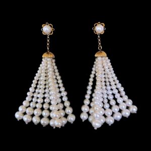 Pearl and Solid 14k Yellow Gold Tassel Earrings with Floral Motif