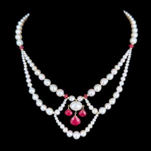 Pearl & Ruby Chandelier Necklace with 14k Gold