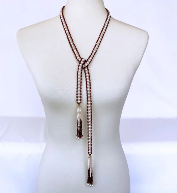 Pearl, Garnet and 14K Yellow Gold Woven Sautoir with Lavish Tassels