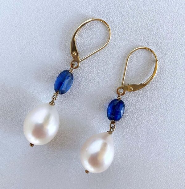 Pearl, Kyanite and 14k Yellow Gold Lever Back Earrings