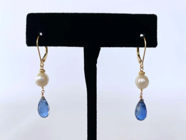Pearl, Kyanite and 14k Yellow Gold Lever Back Earrings