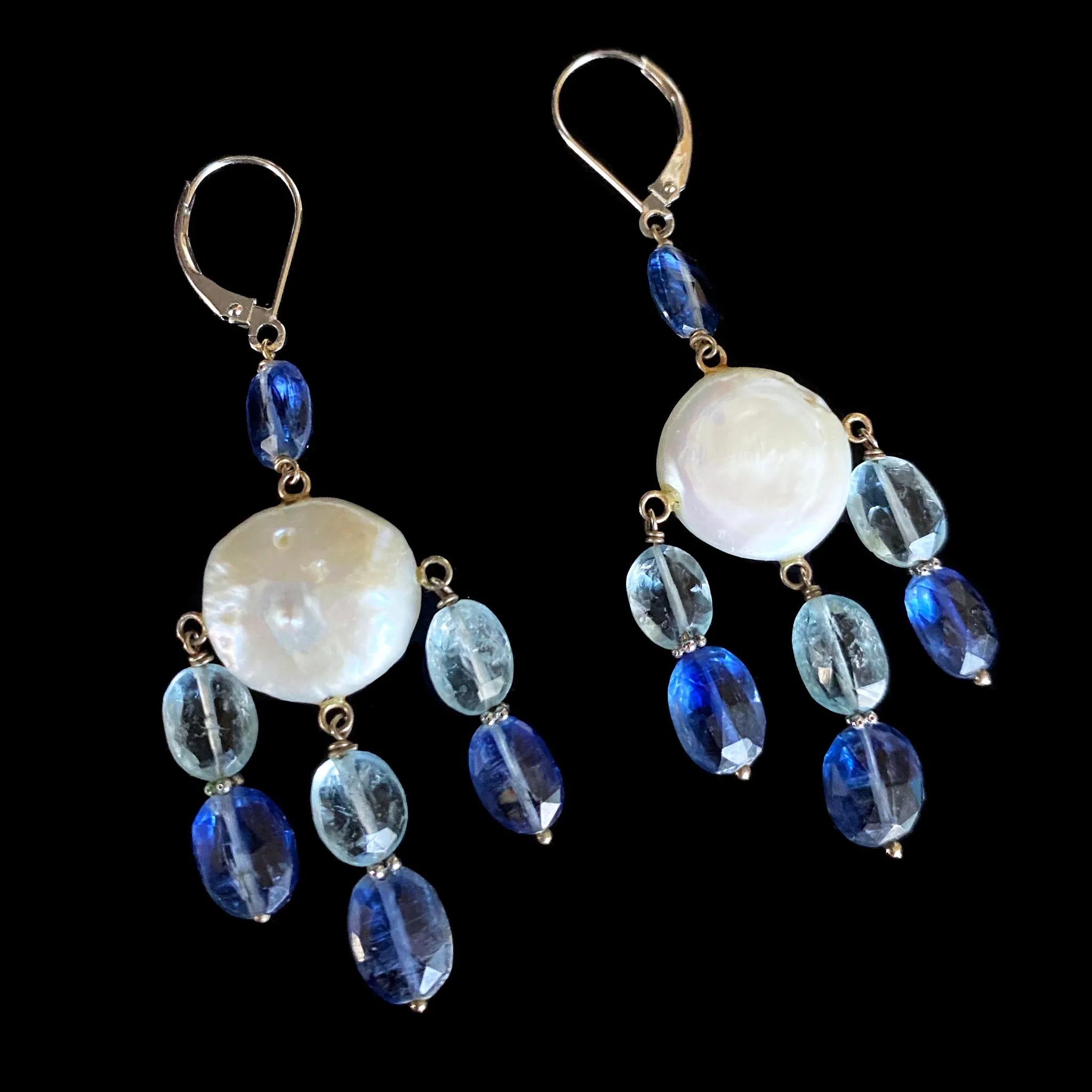 Pearl, Kyanite and Aqumarine Lever Back Earrings with 14k White Gold - Image 2