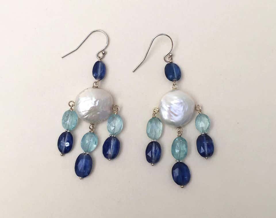 Pearl, Kyanite and Aqumarine Lever Back Earrings with 14k White Gold - Image 3