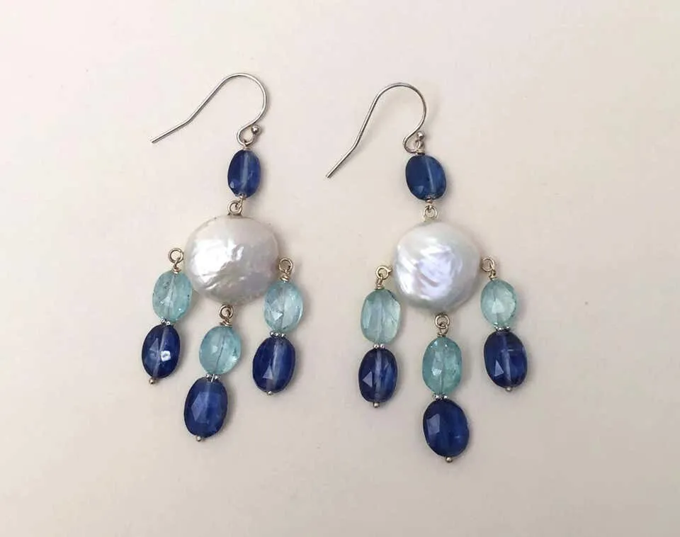 Pearl, Kyanite and Aqumarine Lever Back Earrings with 14k White Gold - Image 4