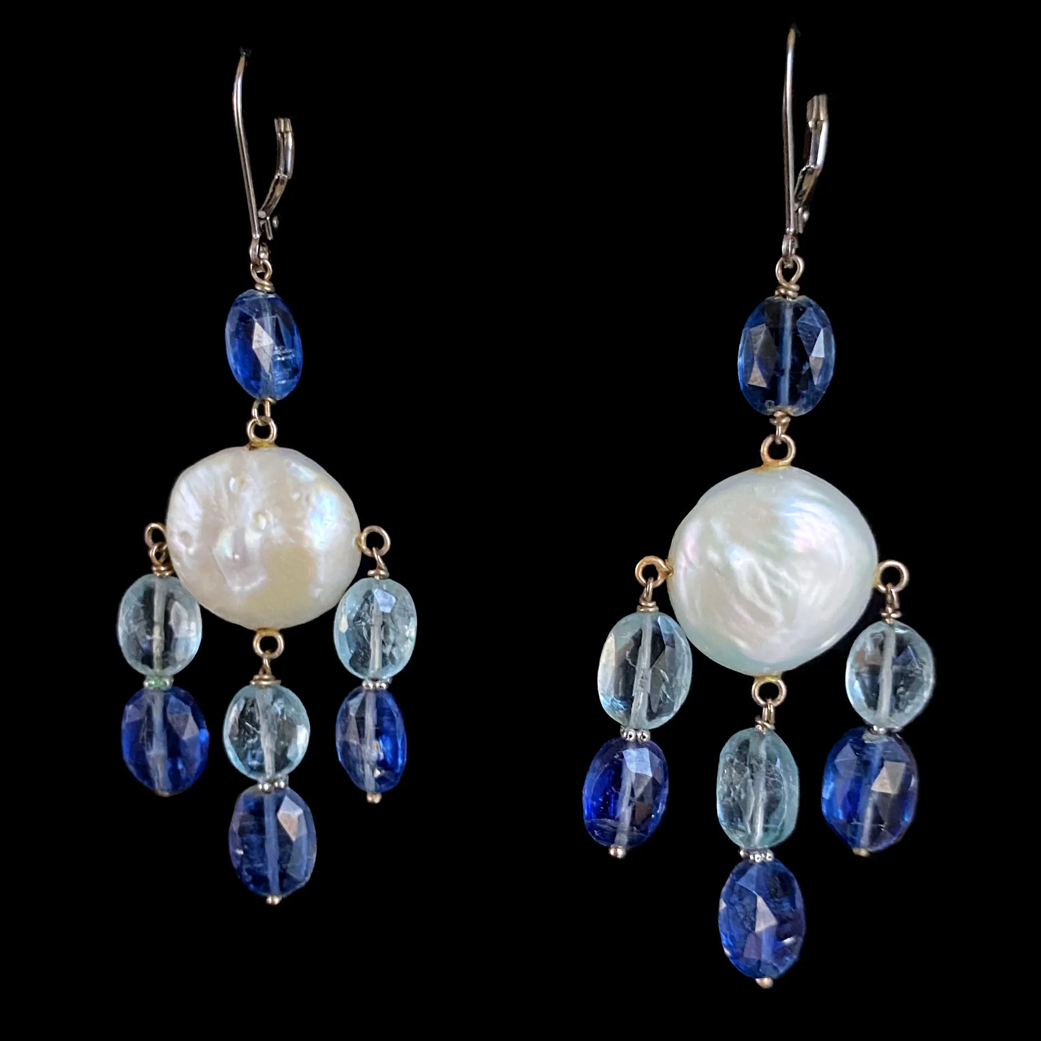 Pearl, Kyanite and Aqumarine Lever Back Earrings with 14k White Gold - Image 6