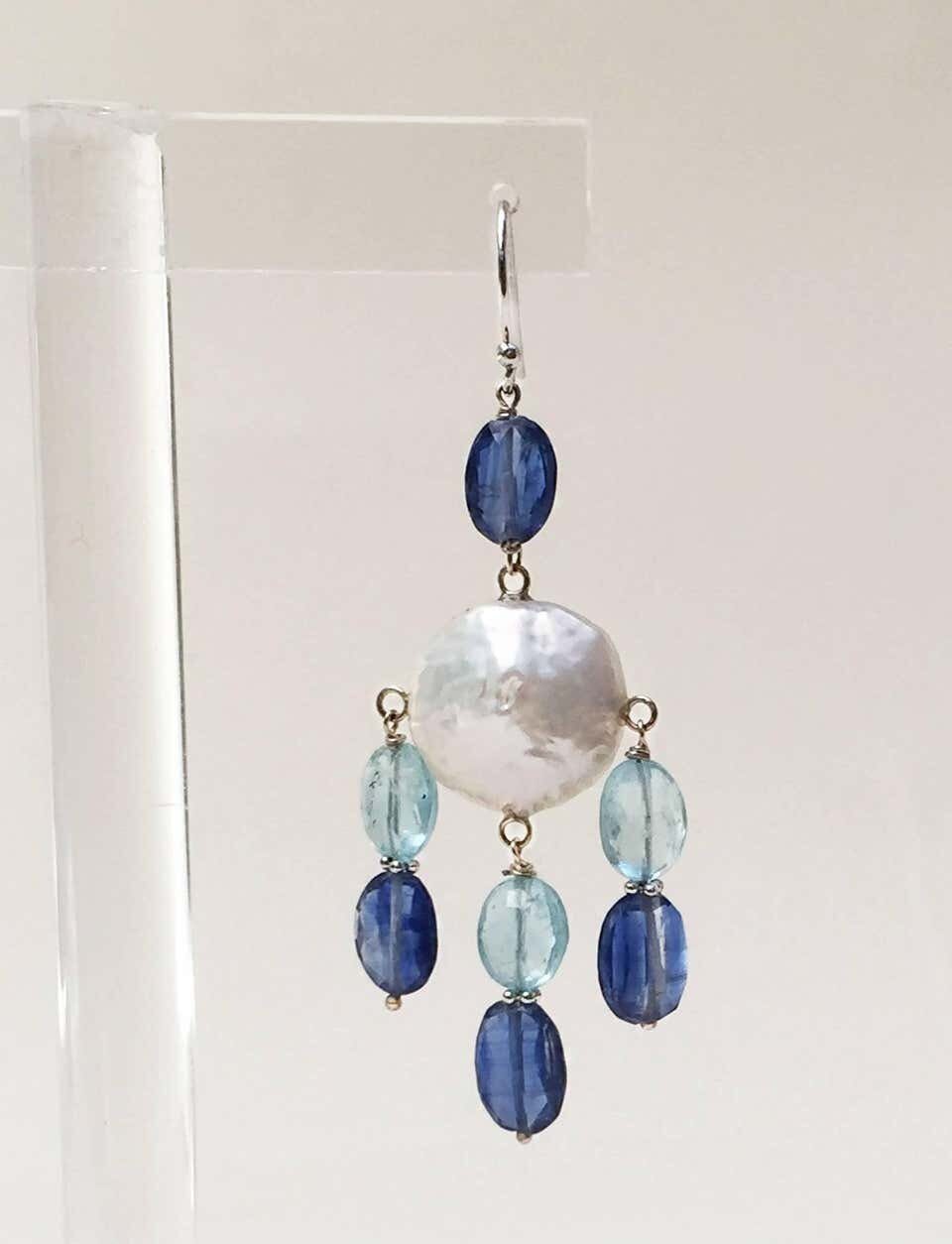Pearl, Kyanite and Aqumarine Lever Back Earrings with 14k White Gold - Image 7
