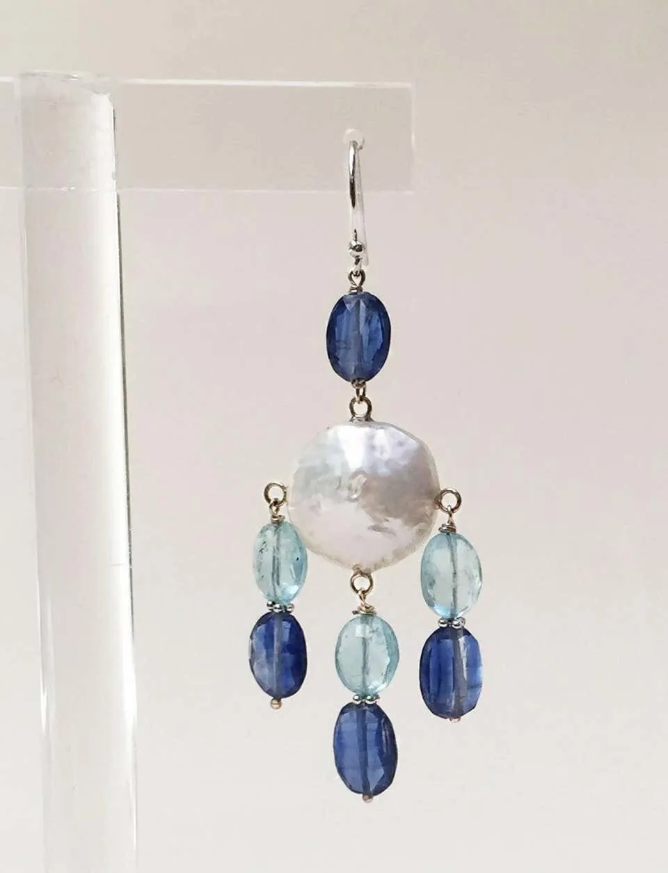 Pearl, Kyanite and Aqumarine Lever Back Earrings with 14k White Gold - Image 8