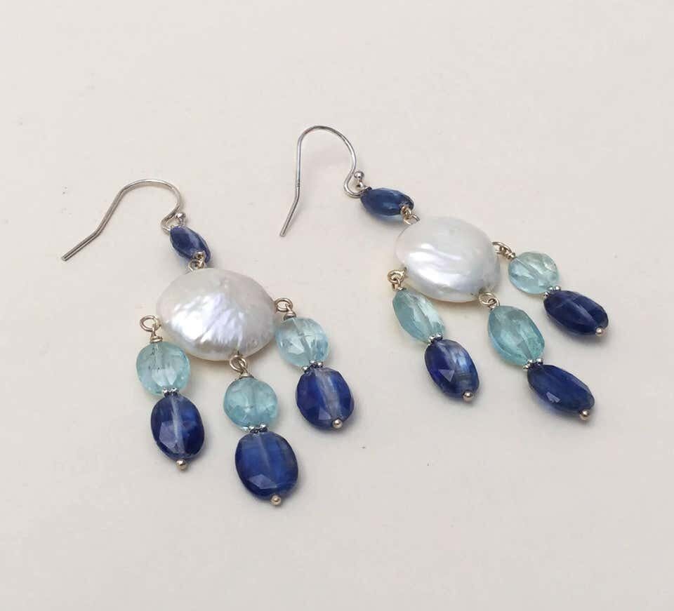 Pearl, Kyanite and Aqumarine Lever Back Earrings with 14k White Gold - Image 9