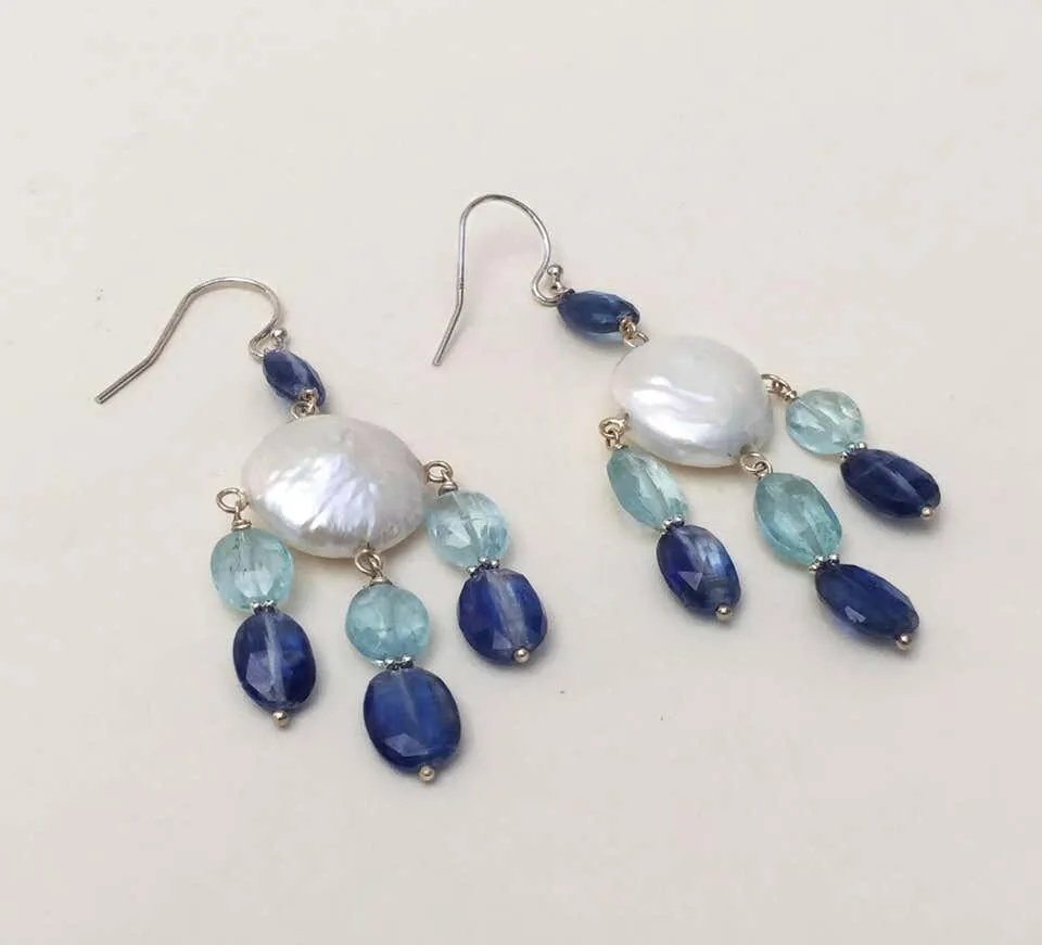 Pearl, Kyanite and Aqumarine Lever Back Earrings with 14k White Gold - Image 10