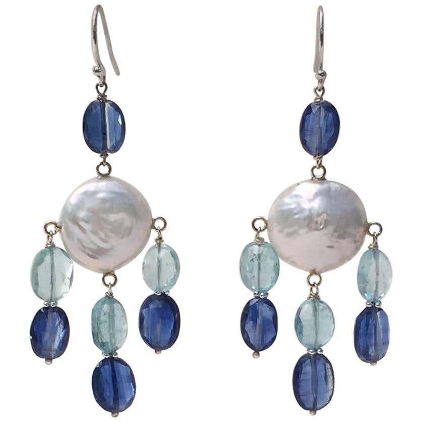 Pearl, Kyanite and Aqumarine Lever Back Earrings with 14k White Gold - Image 11