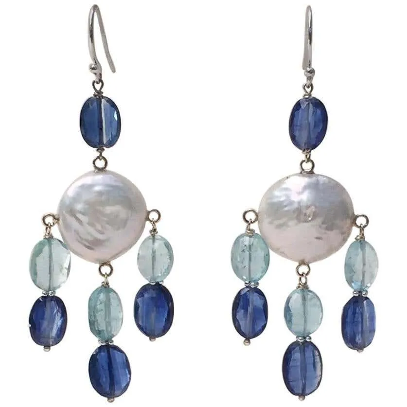 Pearl, Kyanite and Aqumarine Lever Back Earrings with 14k White Gold - Image 12