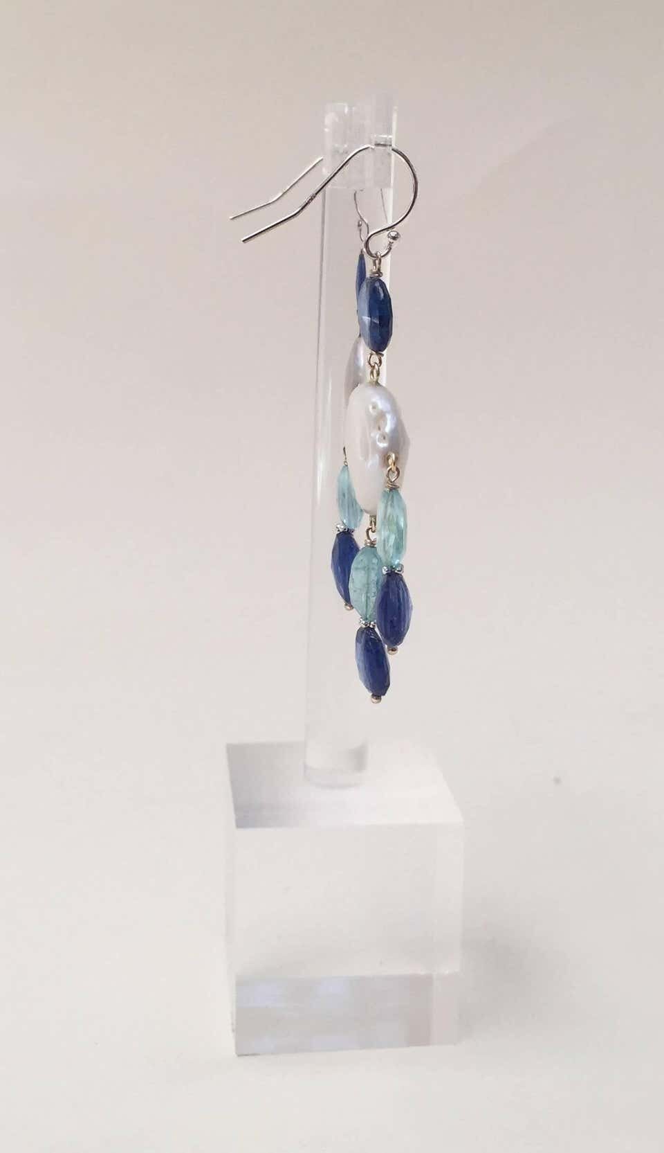 Pearl, Kyanite and Aqumarine Lever Back Earrings with 14k White Gold - Image 13