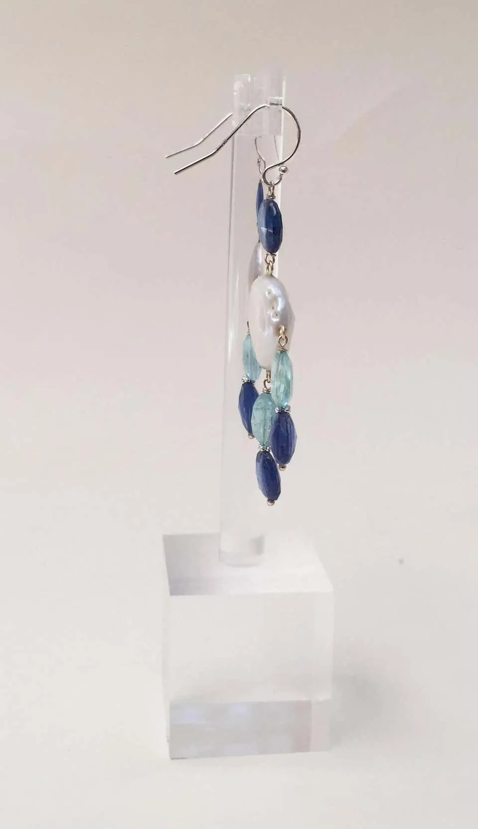 Pearl, Kyanite and Aqumarine Lever Back Earrings with 14k White Gold - Image 14