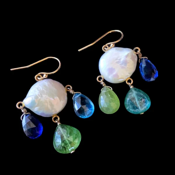 Pearl, Kyanite, Iolite, Tourmaline, Topaz & 14k Yellow Gold Earrings