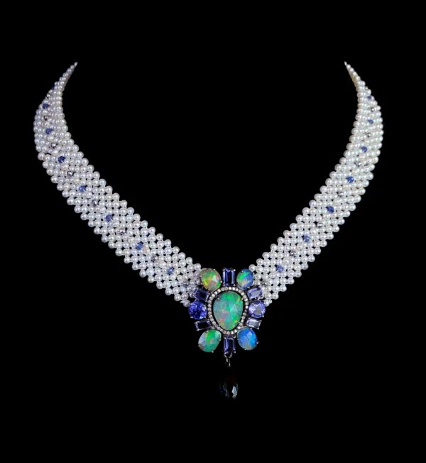Pearl Lace Necklace with Fire Opal, Tanzanite & Diamond Centerpiece