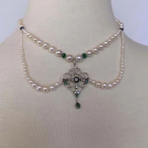 Pearl Necklace with Emerald, Sapphire & Diamonds, Vintage Centerpiece