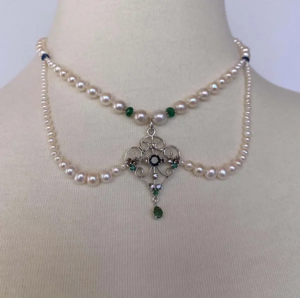 Pearl Necklace with Emerald, Sapphire & Diamonds, Vintage Centerpiece
