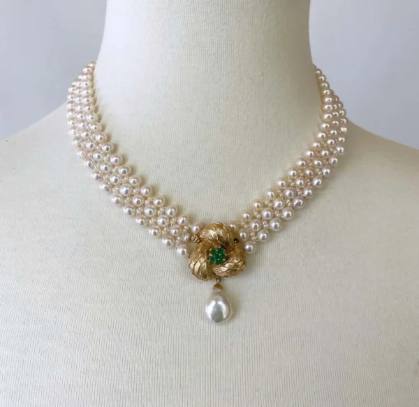 Pearl Necklace with Vintage 14k Yellow Gold and Emerald Center-Clasp