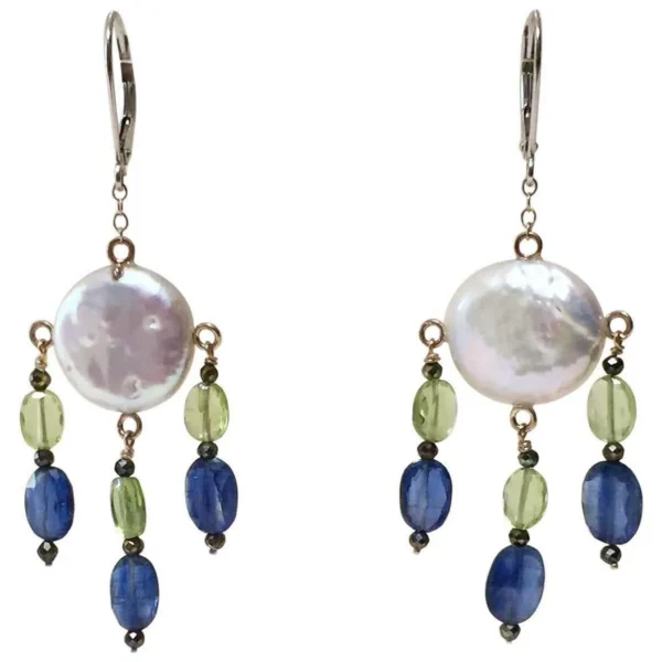 Pearl, Peridot, & Kyanite Earrings with Black Spinel & 14k Yellow Gold