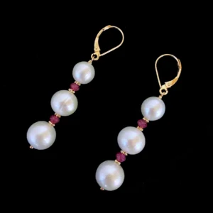 Pearl, Ruby & 14k Yellow Gold Lever Back Earrings