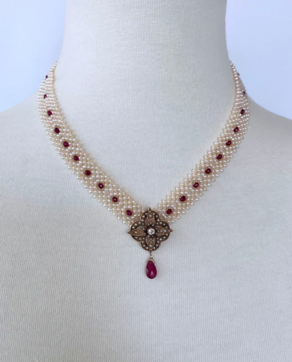 Pearl, Ruby and 14k Gold Necklace with Vintage Diamond Set Centerpiece