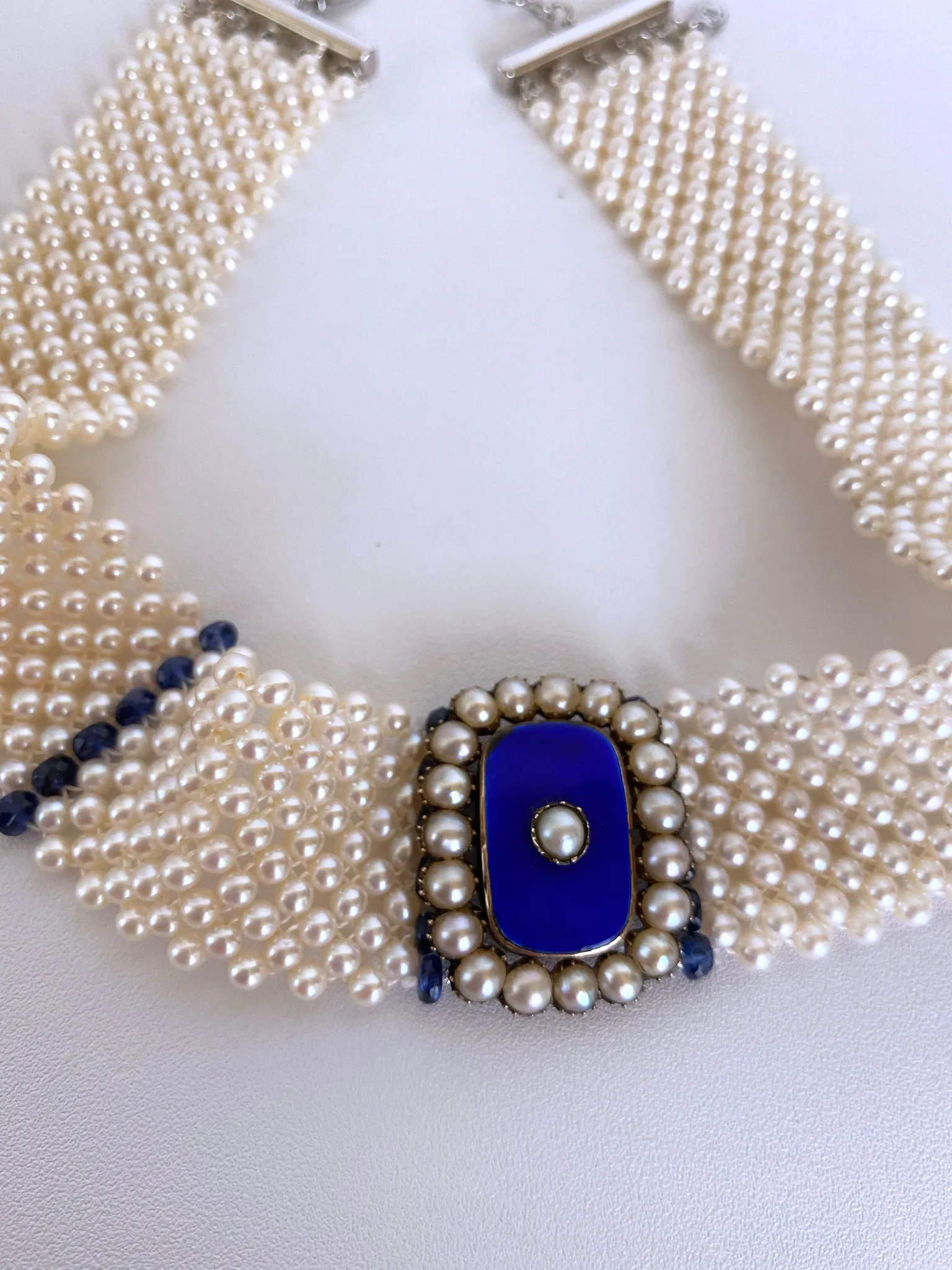 Pearl & Sapphire Choker with Vintage Centerpiece and 14K White Gold - Image 3