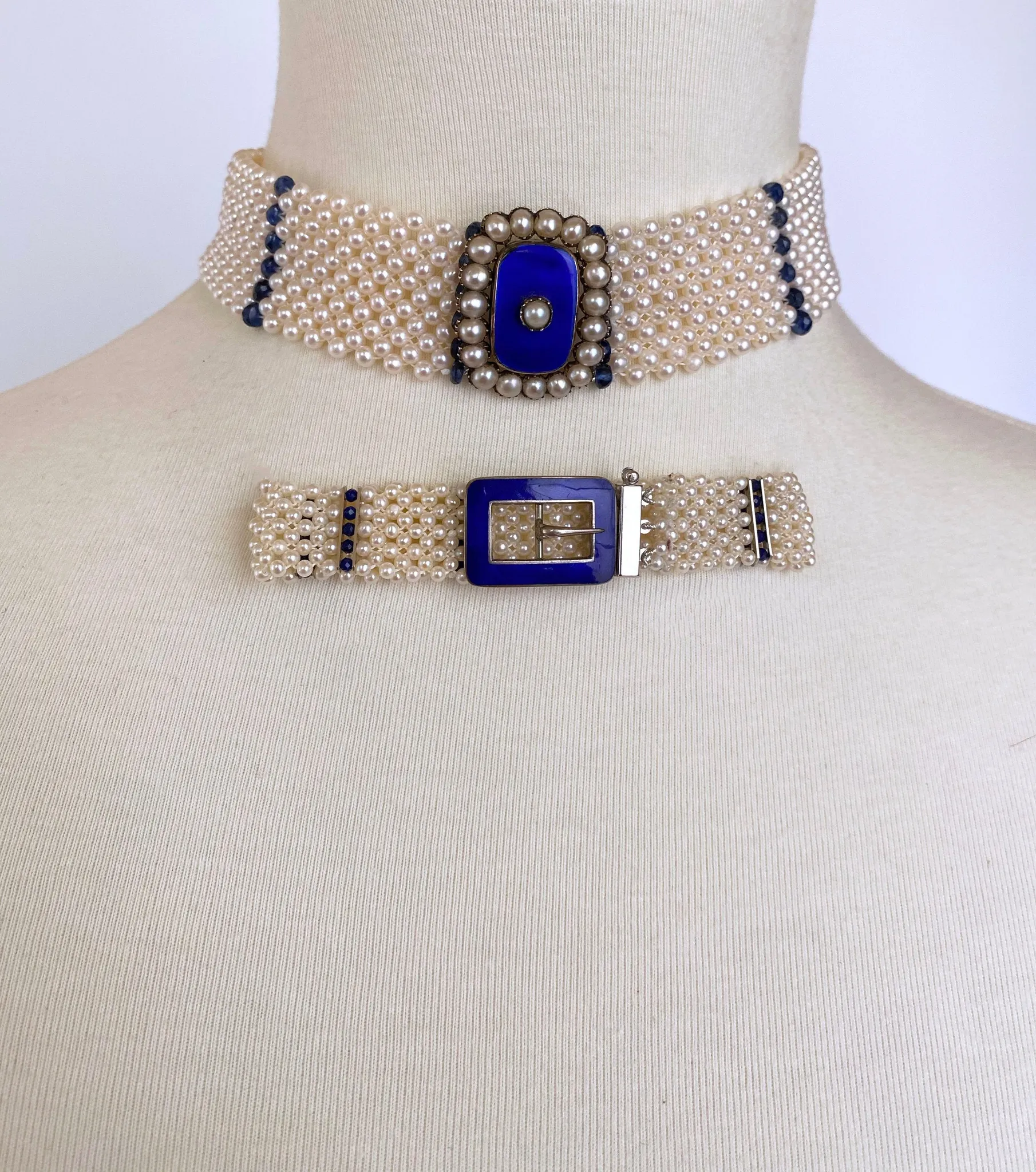 Pearl & Sapphire Choker with Vintage Centerpiece and 14K White Gold - Image 5