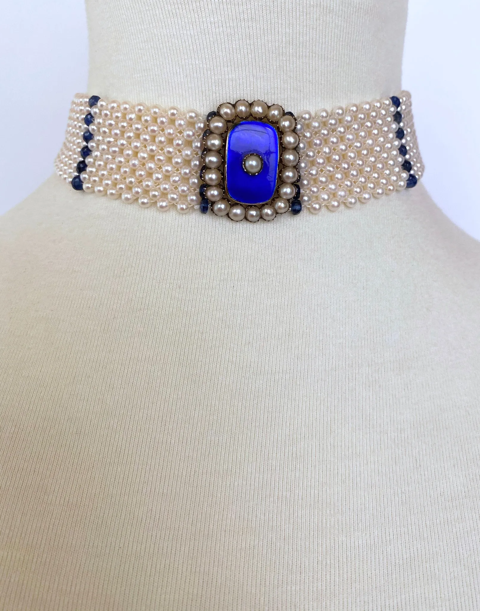 Pearl & Sapphire Choker with Vintage Centerpiece and 14K White Gold - Image 7