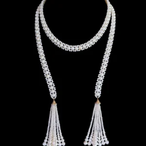Pearl Sautoir with 14 Karat Gold and Diamond Cup and Pearl Tassels