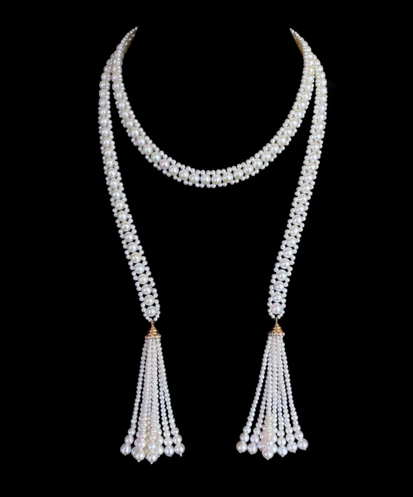 Pearl Sautoir with 14 Karat Gold and Diamond Cup and Pearl Tassels
