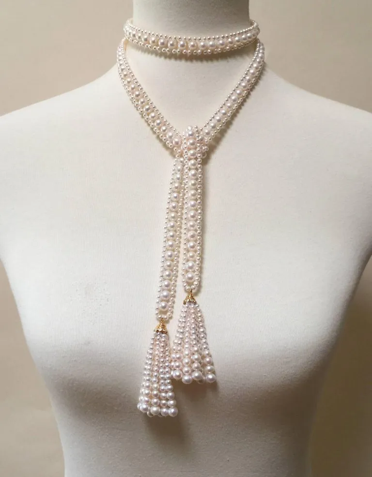 Pearl Sautoir with 14 Karat Gold and Diamond Cup and Pearl Tassels - Image 7