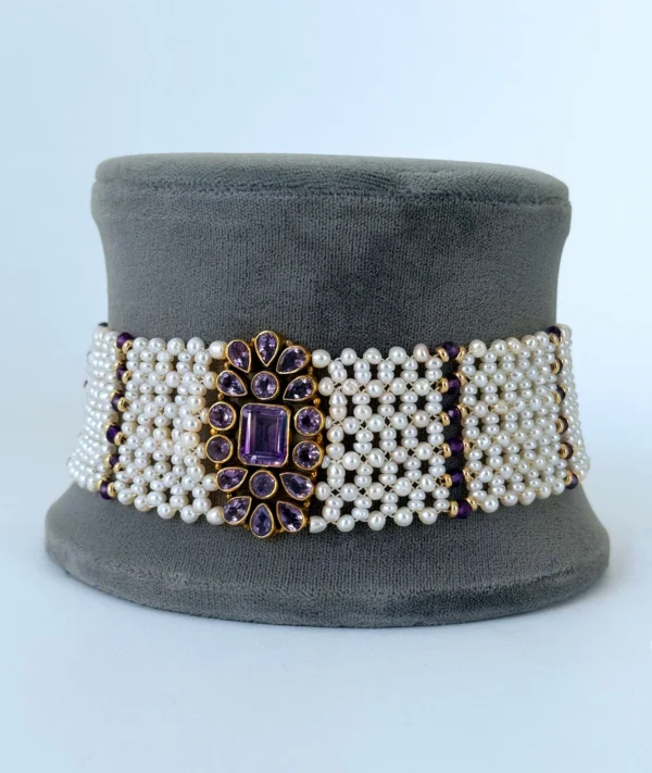 Pearl, Solid 14k Yellow Gold & Amethyst Woven Choker with Gold Adjustable Clasp